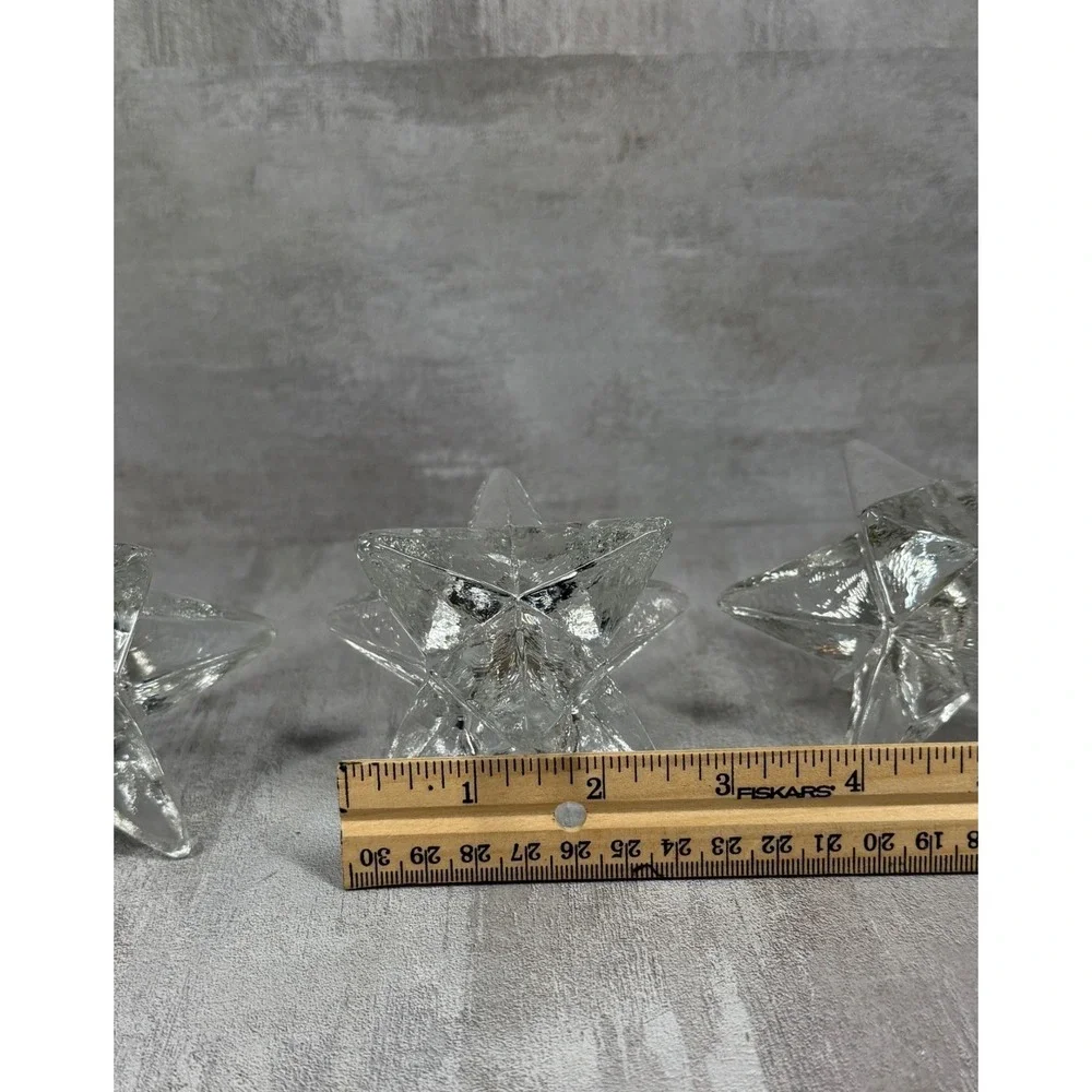 Vintage MCM 9 Point Clear Glass Starburst Candle Holders Set of 3 Celestial 70s